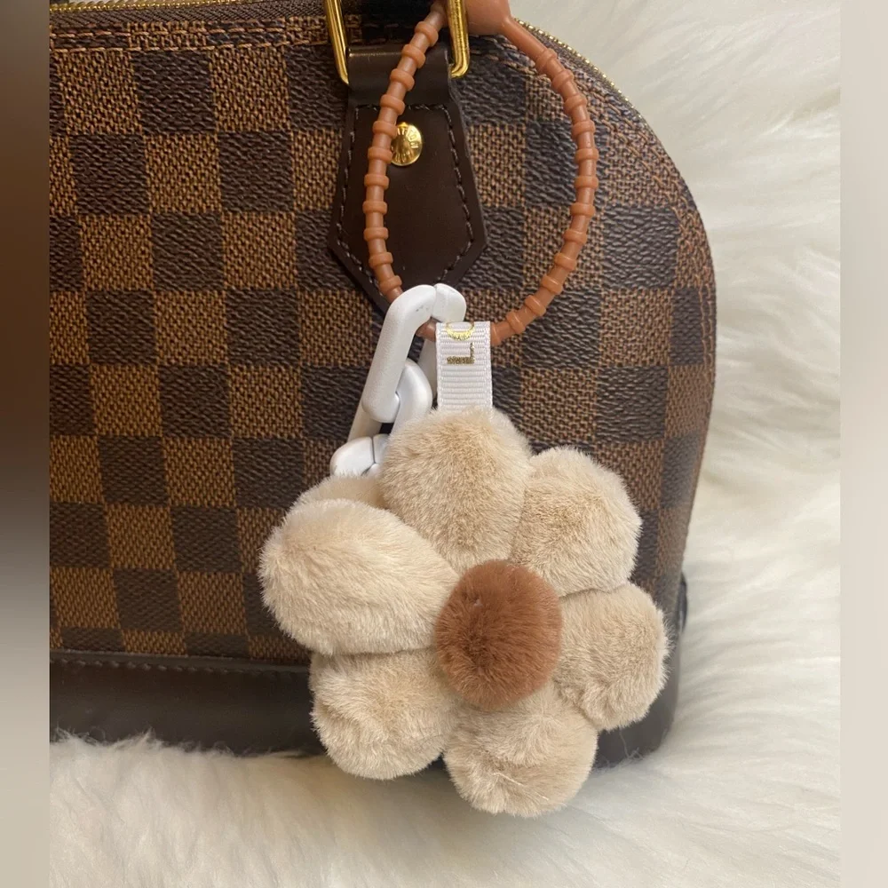 Flower Plush Keychain Cute Pom Pom Keyring Key Chain Bag Charm Brown Tan
